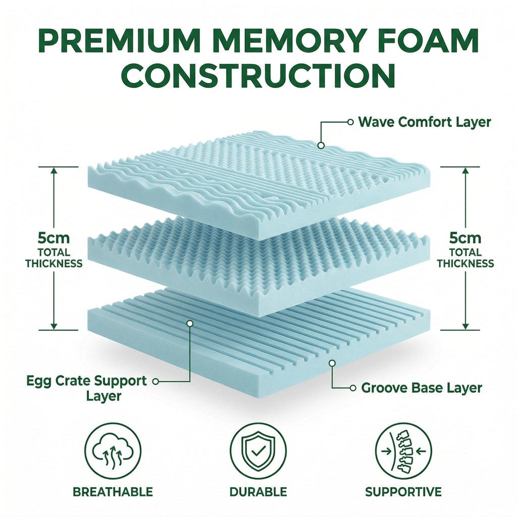 Memory Foam Mattress Topper 5cm – Relieve Pressure, Sleep Cooler, Wake Refreshed